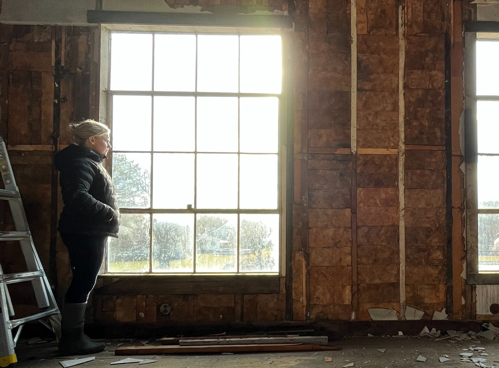 This image depicts a farm owner standing at a window, with a determined expression on their face.