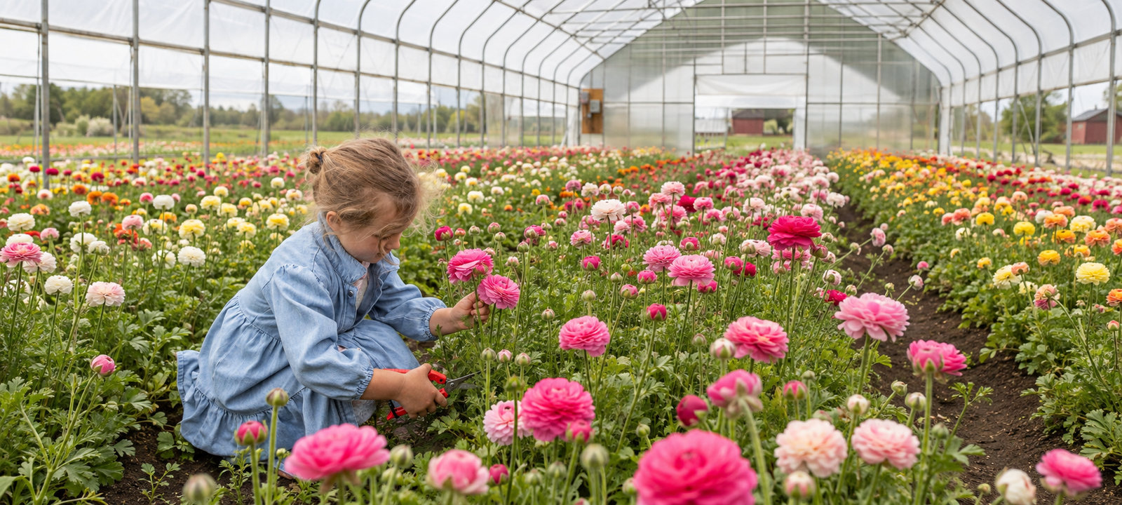 Ranunculus flowers growing for cut flower production at Rooted Flowers