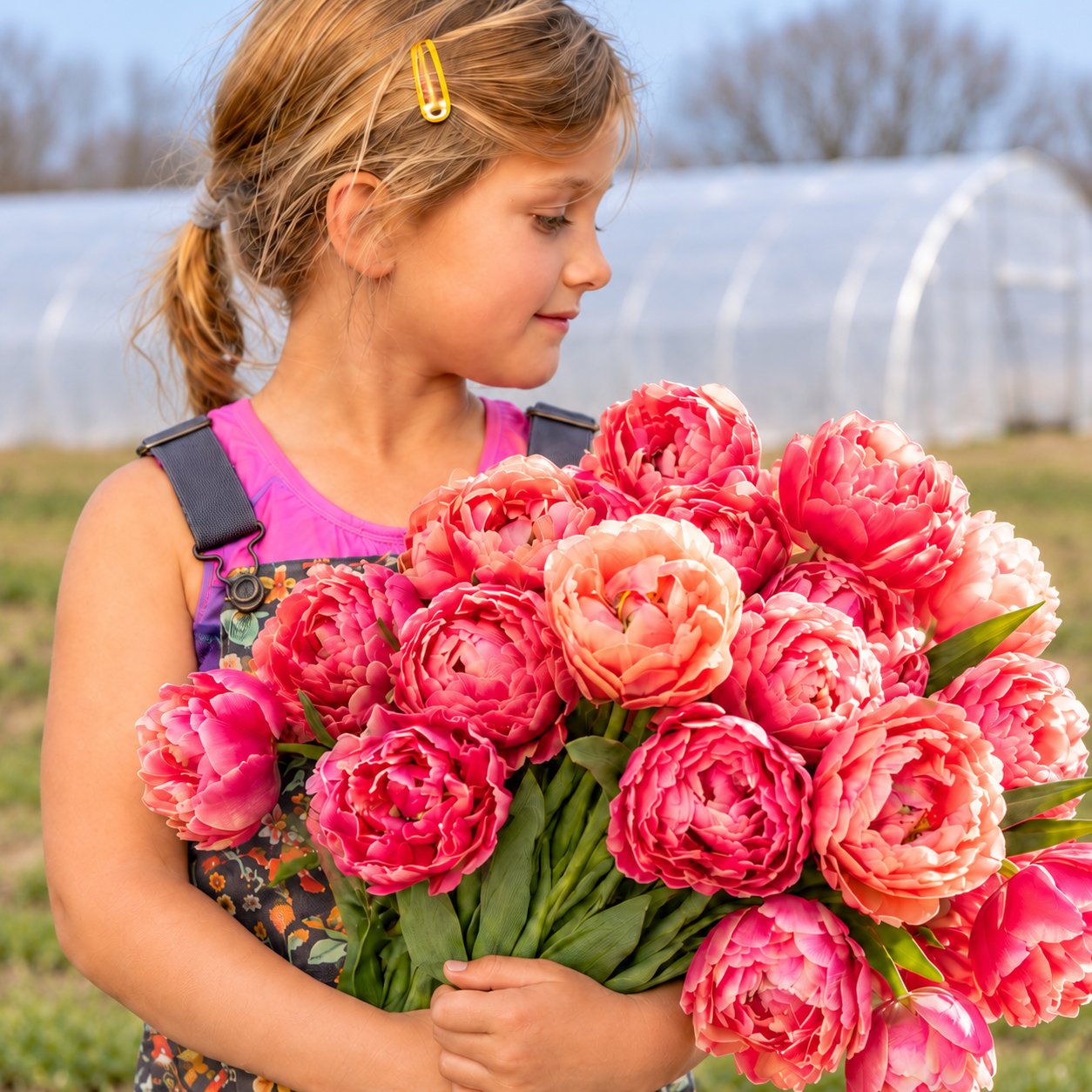 Illustrative close-up composite of Mary holding Verona Sunrise tulips outdoors, with a high tunnel softly visible behind her.
