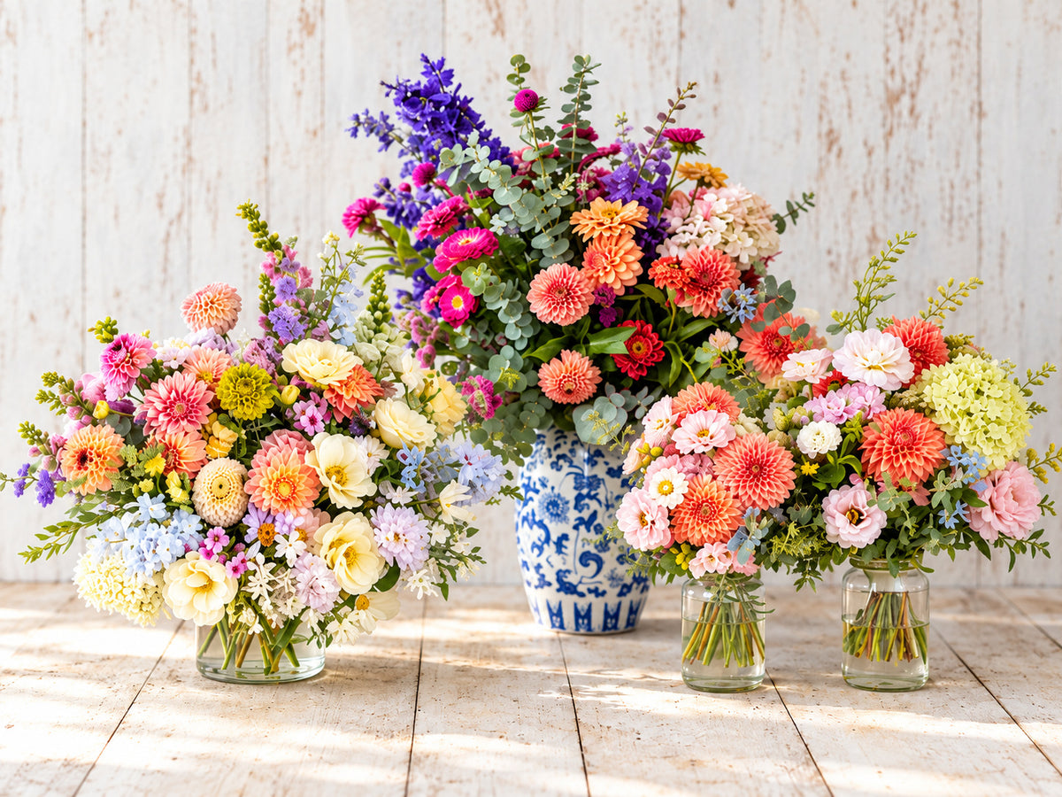 Seasonal garden-style flower arrangements in vases