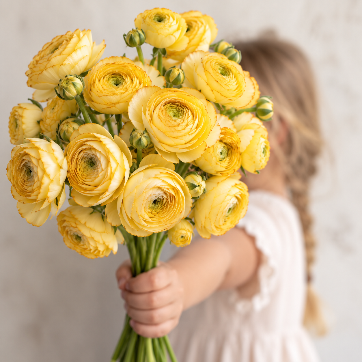 Amandine Yellow Picotee ranunculus with buttery yellow blooms